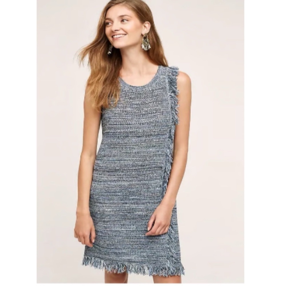 Anthropologie Holding Horses Blue Knit Sweater Dress Fringe Tweed Boho, size XS